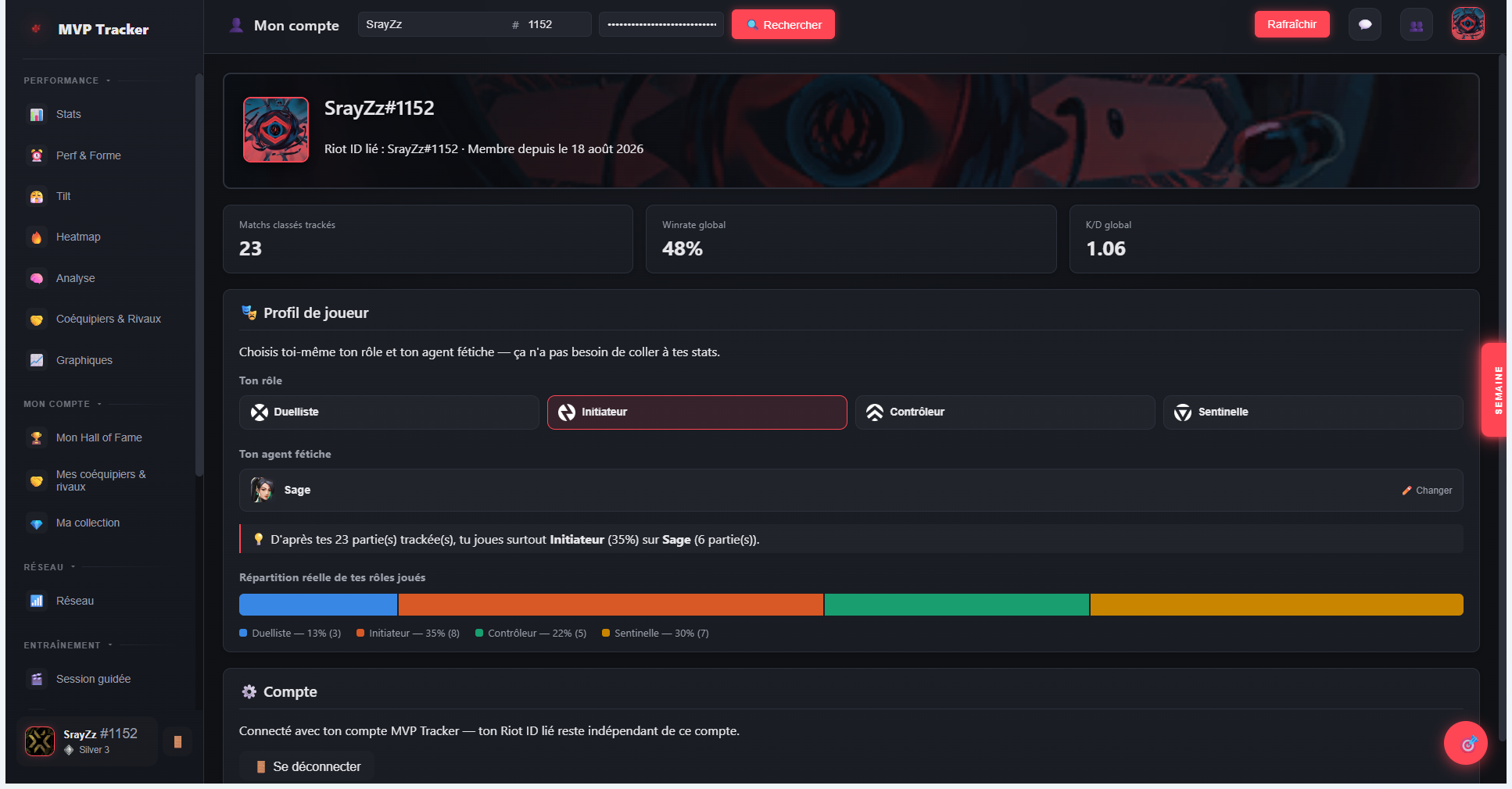 Écran Mon compte de MVP Tracker